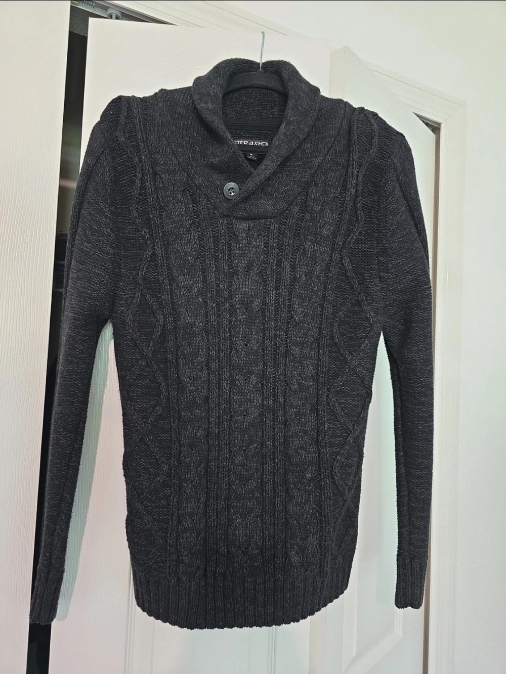 Men's Shawl-Collar Cable Knit Turtleneck Sweater - Charcoal